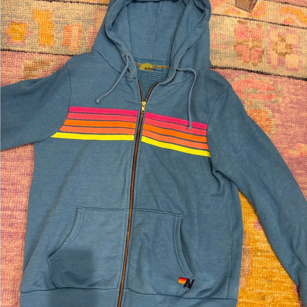 Aviator Nation Dusty Blue Zip Hoodie with Neon Pink, Orange and Yellow Stripes
